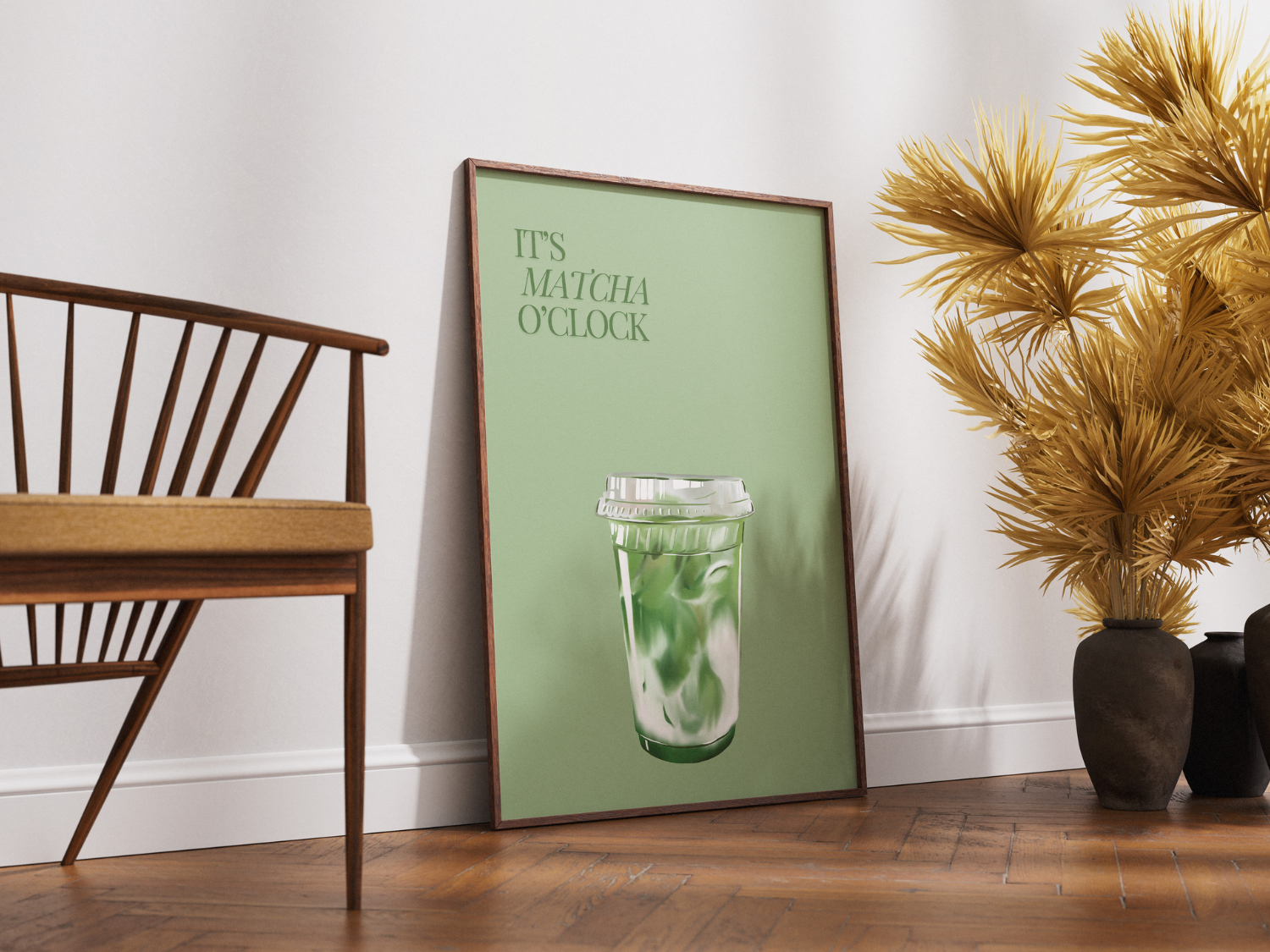 Poster ‚It’s Matcha O’Clock‘ in einem modernen Wohnambiente als stylishe Wanddeko.